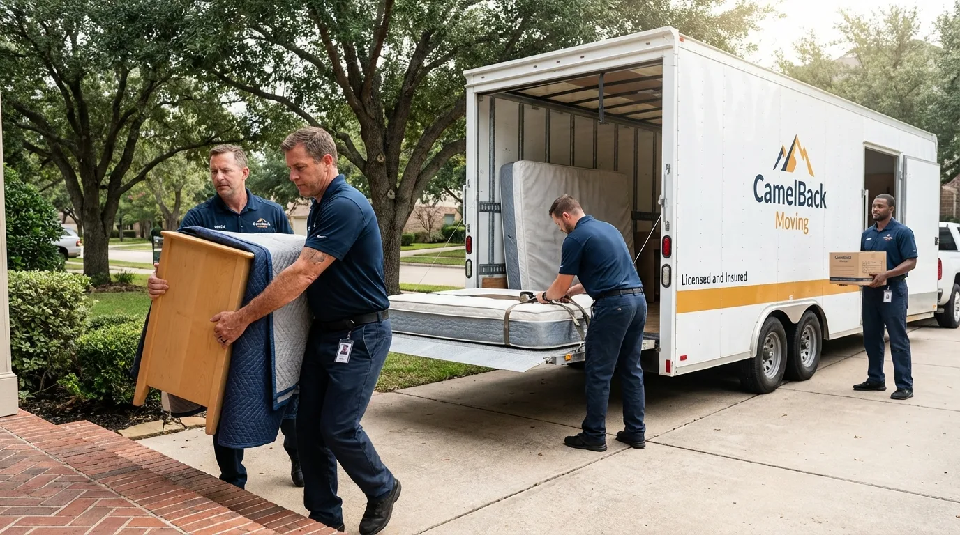 Crew loading residential truck for cross-state move from Mechanicsville, IA