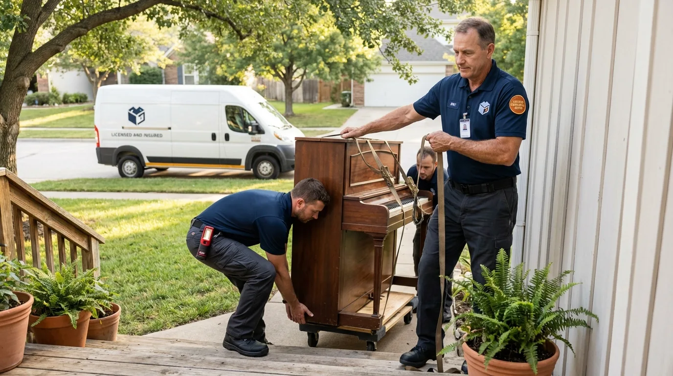 Licensed piano movers securing grand piano in Mechanicsville, IA