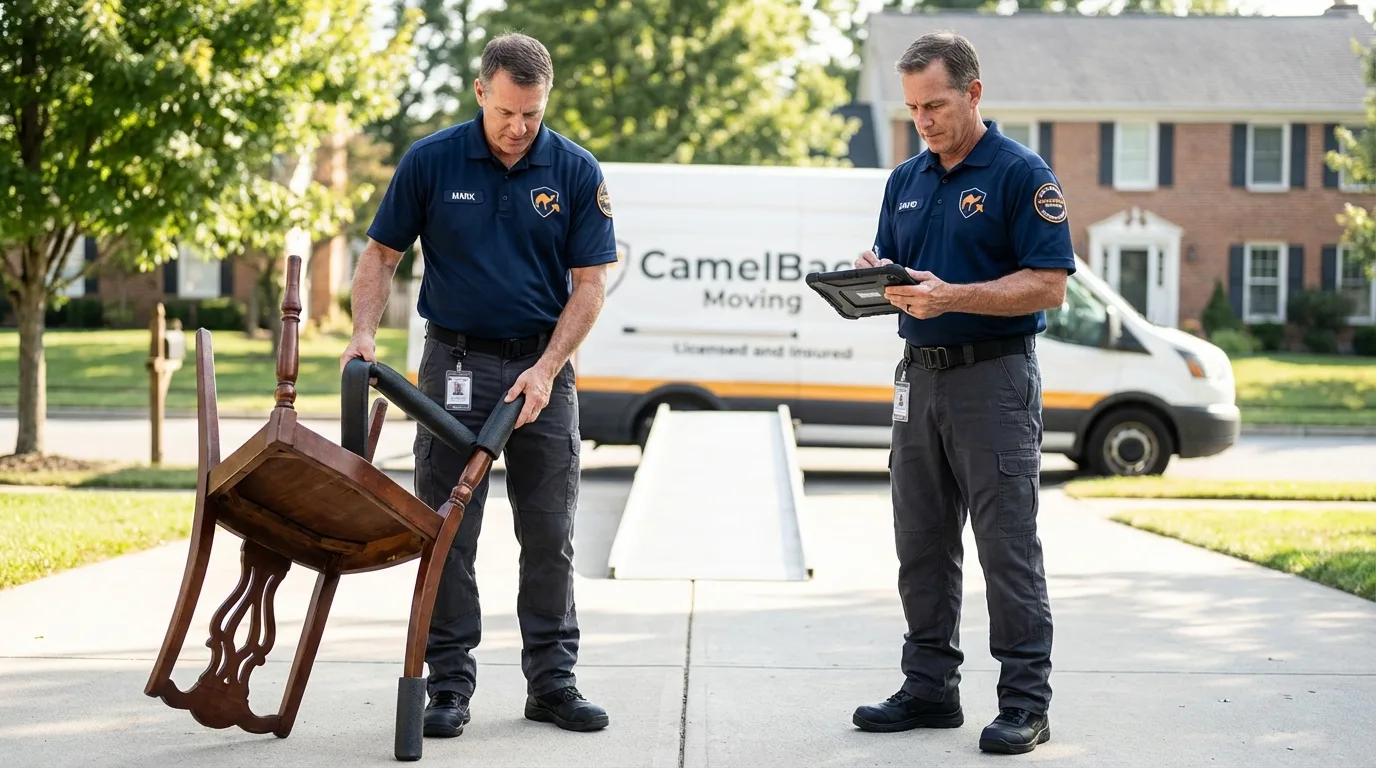 Movers inspecting furniture for damage prevention before loading in Mechanicsville, IA