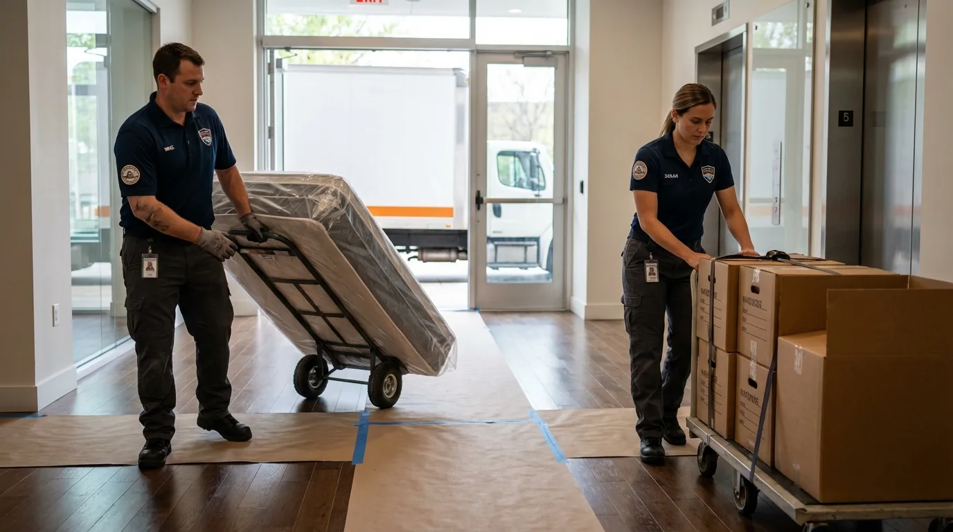 Professional apartment movers loading elevator in Mechanicsville, IA