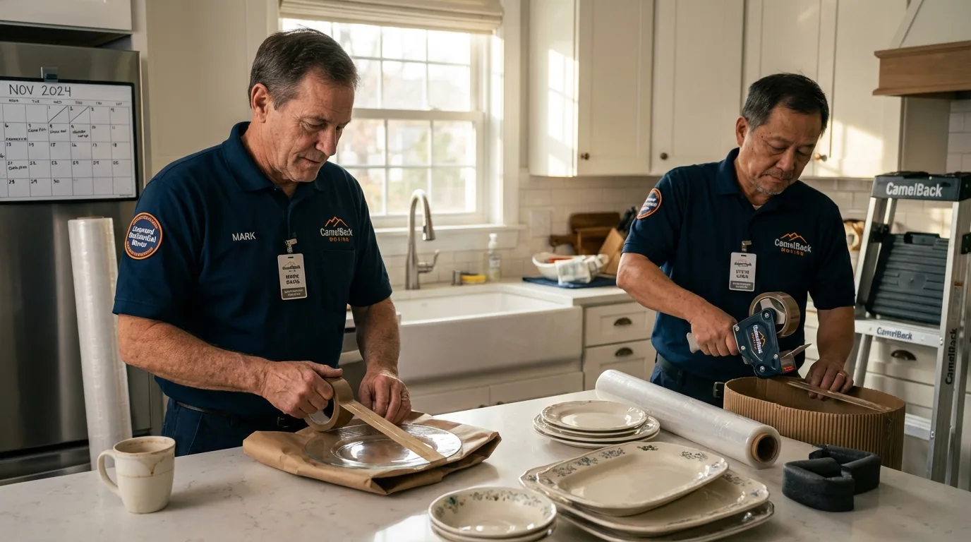 Professional crew packing kitchen dishware in Mechanicsville, IA